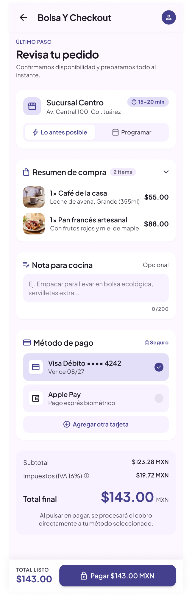 Pantalla de ejemplo: checkout y pago de Ritual Café y Cocina