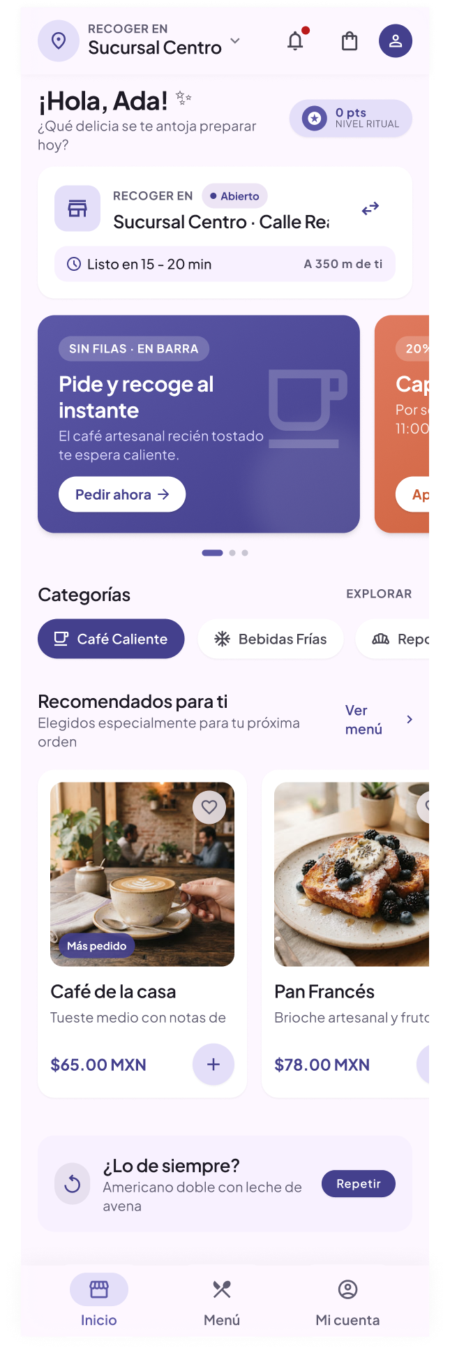 Pantalla de ejemplo: inicio de Ritual Café y Cocina