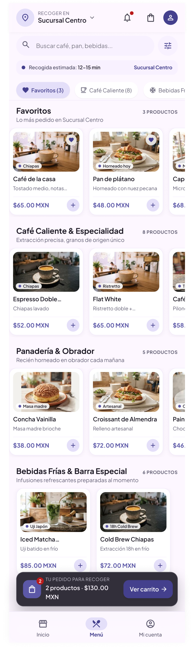 Pantalla de ejemplo: menú de Ritual Café y Cocina
